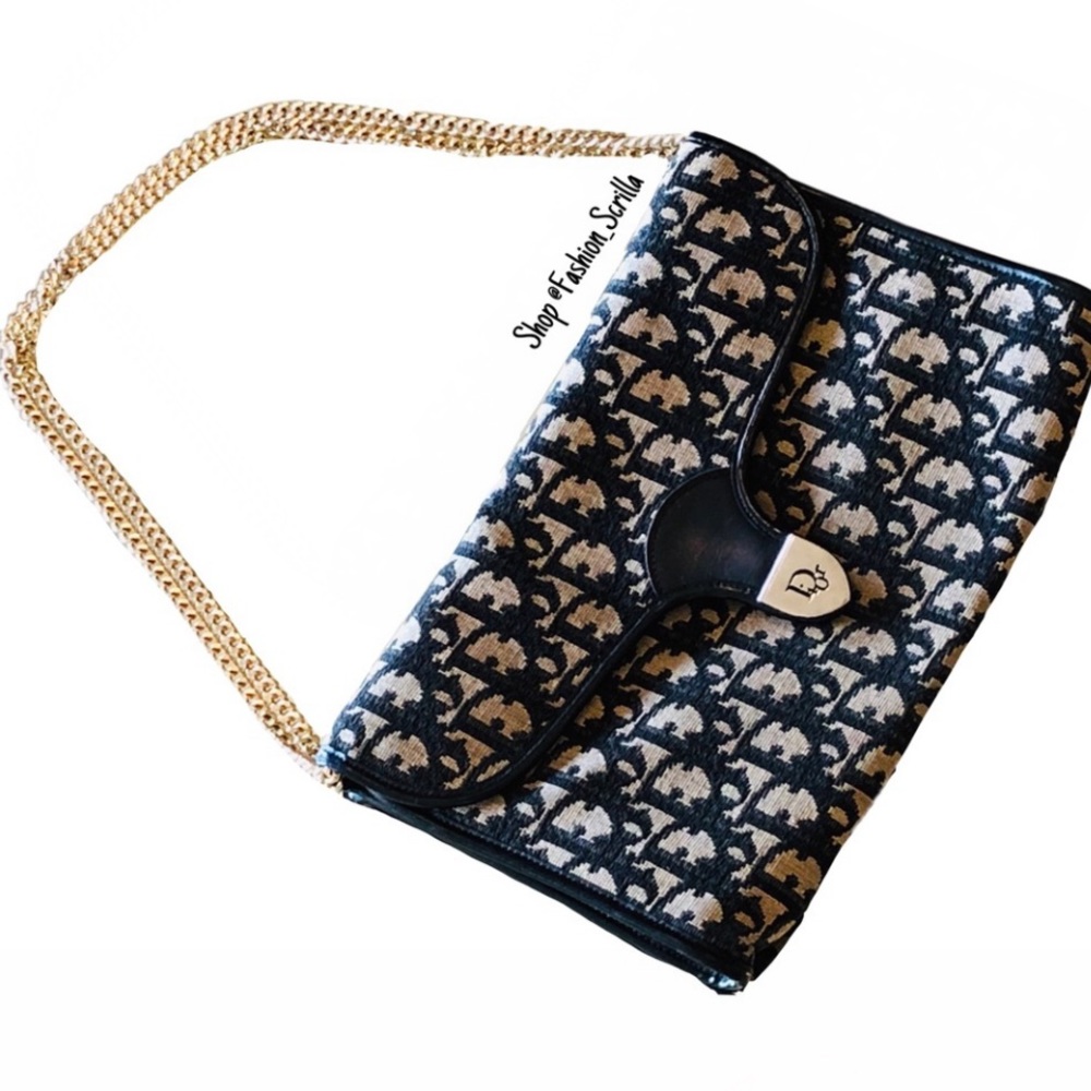 Vintage Christian Dior Blue Gold & Black 70’s Oblique Jacquard Logo Flap bag - Picture 16 of 16
